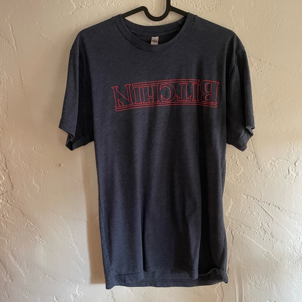 Stranger Things style Logo, Next level apparel navy tee shirt with short sleeves